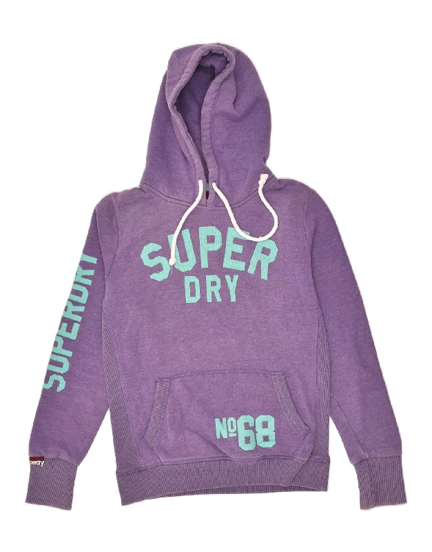 SUPERDRY Womens Graphic Hoodie Jumper UK 12 Medium Purple Cotton Hoodie with Hem Patch Decorative Personalized