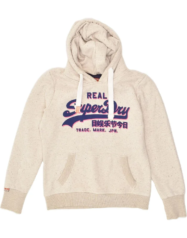 SUPERDRY Womens Graphic Hoodie Jumper UK 14 Medium Beige Flecked Cotton Hoodie with Hem Detail Decorative Unique