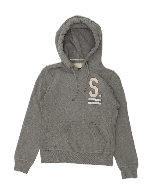 SUPERDRY Womens Graphic Hoodie Jumper UK 14 Medium Grey Cotton Hoodie with V-Neck Classic Versatile