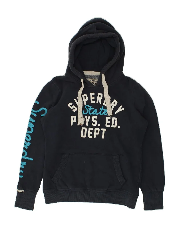 SUPERDRY Womens Graphic Hoodie Jumper UK 16 Large Navy Blue Cotton Hoodie Jacket Zipper Layering