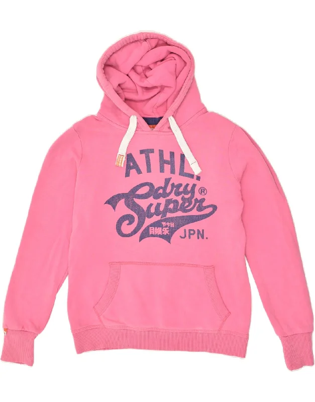 SUPERDRY Womens Graphic Hoodie Jumper UK 16 Large Pink Cotton Hoodie with Hem Detail Decorative Unique