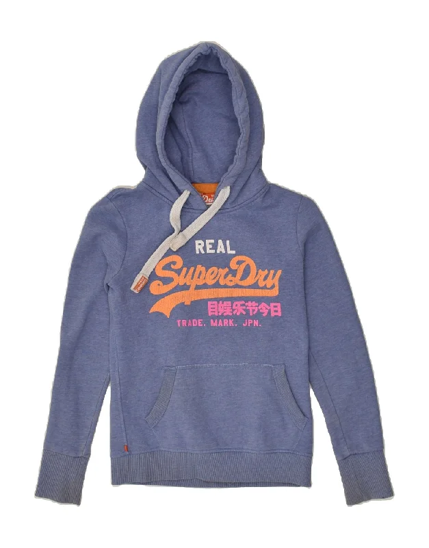 SUPERDRY Womens Graphic Hoodie Jumper UK 6 XS Blue Cotton Hoodie with Batwing Sleeves Loose Dramatic