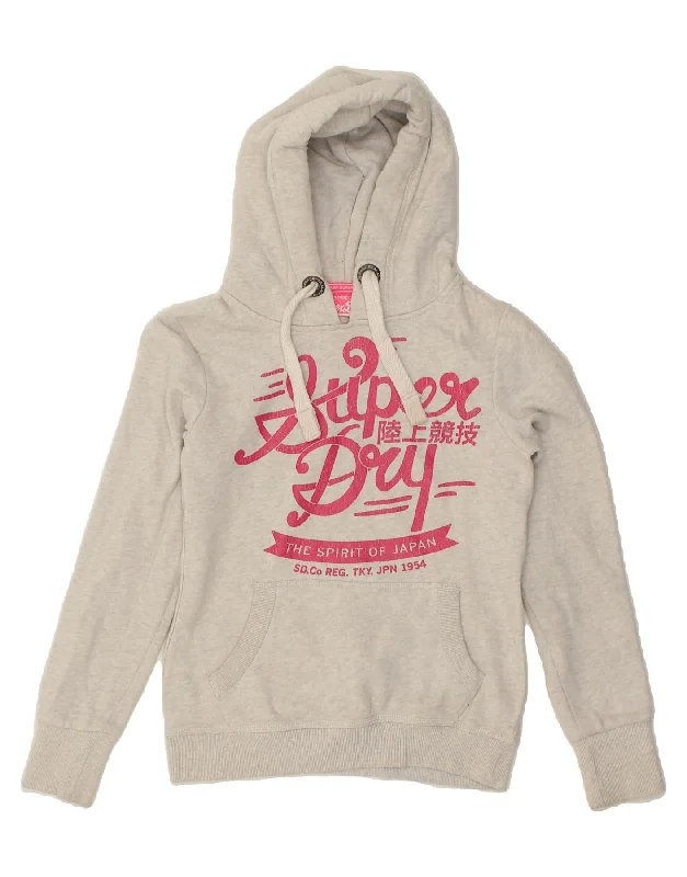 SUPERDRY Womens Graphic Hoodie Jumper UK 6 XS Grey Cotton Hoodie with Button Placket Classic Preppy