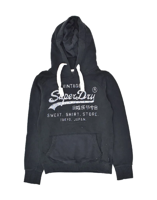 SUPERDRY Womens Graphic Hoodie Jumper UK 8 Small  Navy Blue Cotton Hoodie with Hidden Zipper Minimalist Clean