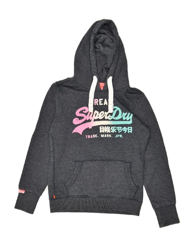 SUPERDRY Womens Graphic Hoodie Jumper UK 8 Small Navy Blue Flecked Cotton Hoodie with Front Slit Layering Stylish