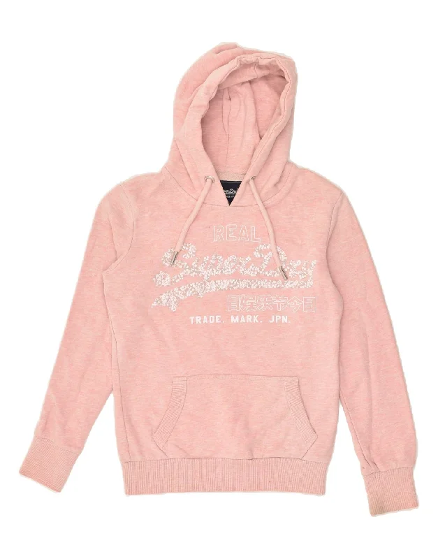 SUPERDRY Womens Graphic Hoodie Jumper UK 8 Small Pink Cotton Hoodie with Illustration Artistic Creative