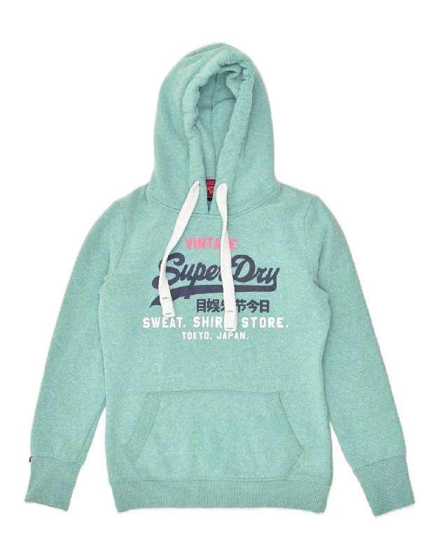 SUPERDRY Womens Graphic Hoodie Jumper UK 8 Small Turquoise Flecked Cotton Hooded Sweatshirt Casual Wear Street Style