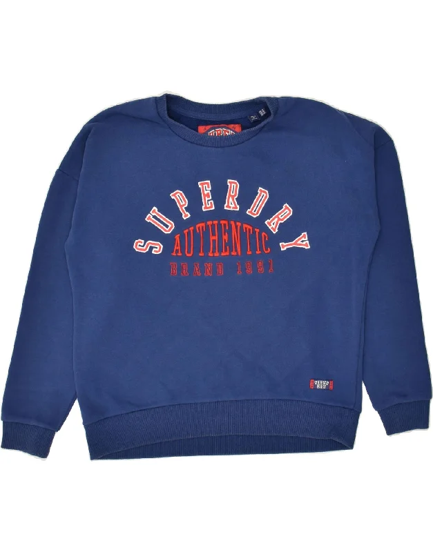 SUPERDRY Womens Graphic Sweatshirt Jumper UK 14 Large Navy Blue Cotton Hoodie Jacket Zipper Layering