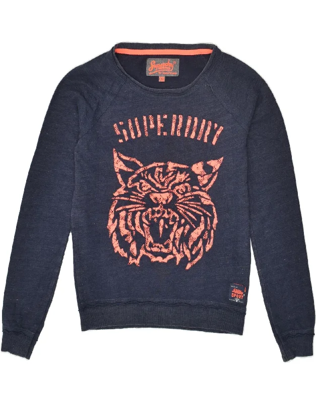 SUPERDRY Womens Graphic Sweatshirt Jumper UK 6 XS Navy Blue Animal Print Hoodie with Button Placket Classic Preppy