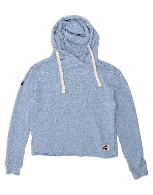 SUPERDRY Womens Hoodie Jumper UK 10 Small Blue Cotton Hoodie with Hem Raw Edge Edgy Unfinished