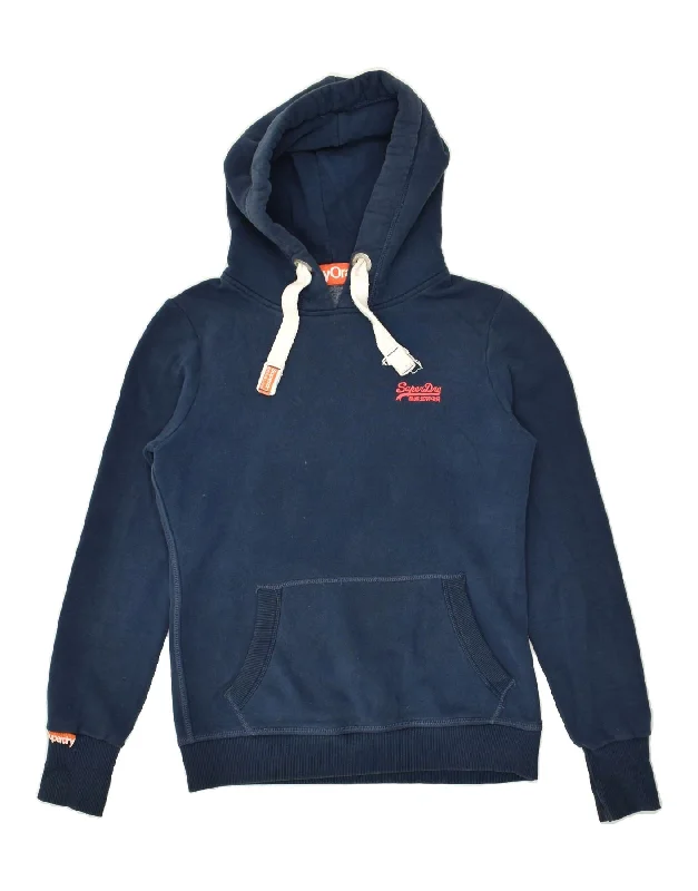 SUPERDRY Womens Hoodie Jumper UK 10 Small Navy Blue Cotton Hoodie with Ribbed Cuffs Snug Fit Comfort