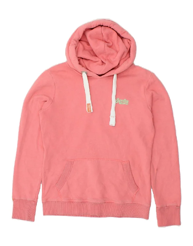 SUPERDRY Womens Hoodie Jumper UK 14 Large Pink Cotton Hoodie with Hem Patch Decorative Personalized