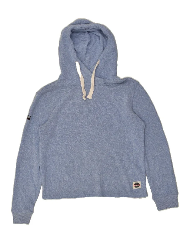 SUPERDRY Womens Hoodie Jumper UK 16 Large Blue Cotton Hoodie with Hem Elastic Stretchable Comfortable