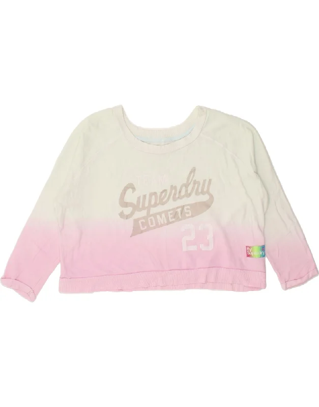 SUPERDRY Womens Oversized Crop Graphic Sweatshirt Jumper UK 14 Medium Pink Hoodie with Front Slit Layering Stylish