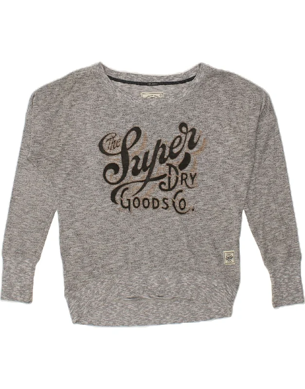 SUPERDRY Womens Oversized Graphic Sweatshirt Jumper UK 14 Medium Grey Hoodie with Slit Hem Functional Movement