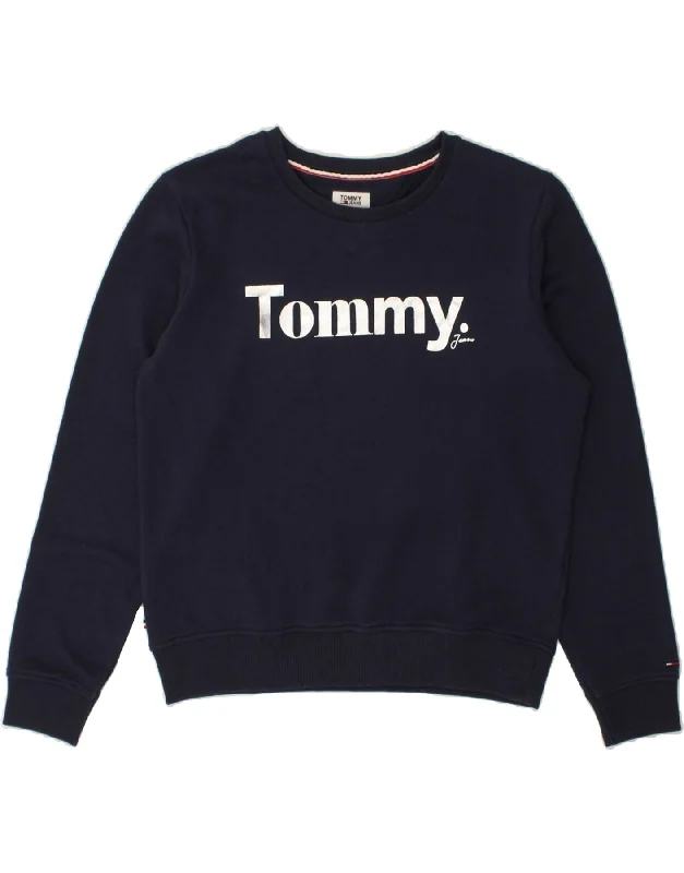 TOMMY HILFIGER Womens Graphic Sweatshirt Jumper UK 14 Medium Navy Blue Hoodie with Slim Fit Tailored Modern TOMMY HILFIGER Womens Graphic Sweatshirt Jumper UK 14 Medium Navy Blue Hoodie with Slim Fit Tailored Modern
