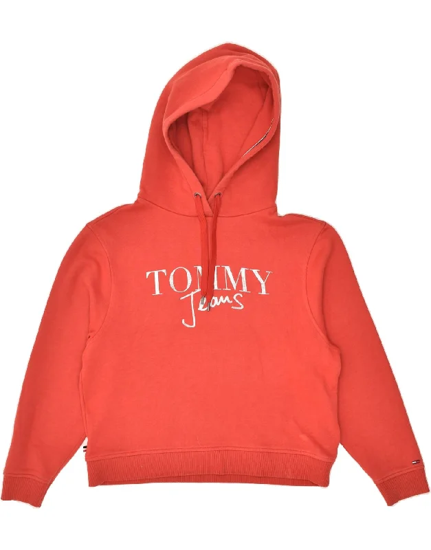 TOMMY HILFIGER Womens Oversized Graphic Hoodie Jumper UK 6 XS Red Cotton Hoodie with Velcro Closure Adjustable Secure