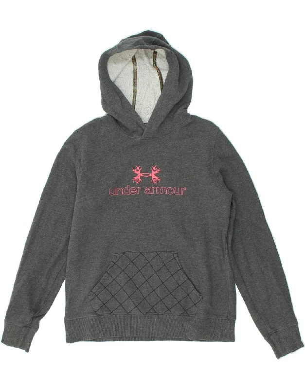 UNDER ARMOUR Womens Graphic Hoodie Jumper UK 14 Medium Grey Cotton Hoodie with Applique Textured Unique