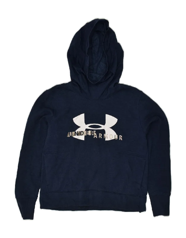 UNDER ARMOUR Womens Graphic Hoodie Jumper UK 14 Medium Navy Blue Cotton Hoodie with Cuffed Sleeves Snug Secure