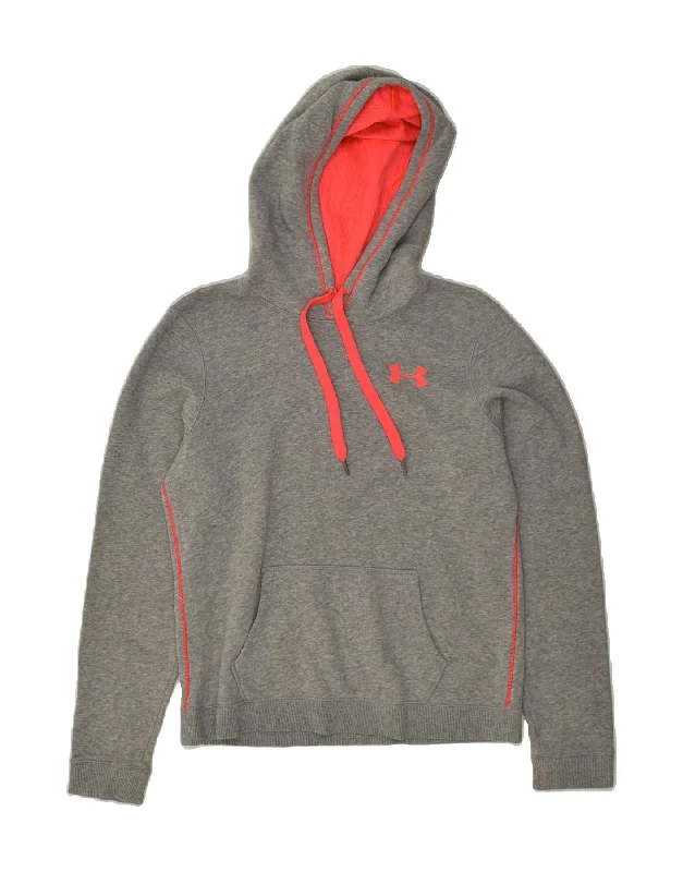 UNDER ARMOUR Womens Hoodie Jumper UK 10 Small Grey Cotton Hoodie with Thumb Holes Functional Cozy