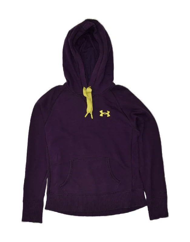 UNDER ARMOUR Womens Hoodie Jumper UK 10 Small Purple Cotton Hoodie with Patch Decorative Personalized