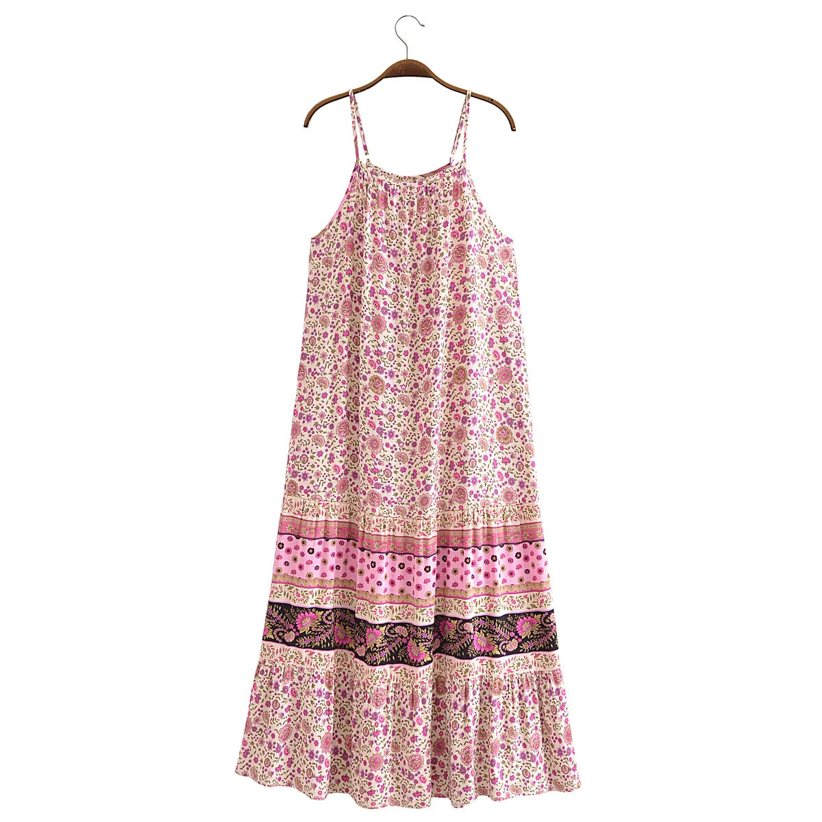 Pink Whimsy Boho Floral Print Maxi Dress Fashionable Sleeveless Maxi Dress