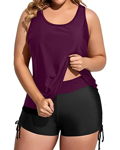 Sporty Plus Size Tankini Swimsuits With Great Tummy Control-Maroon Leaf Fun Pattern Swimsuit