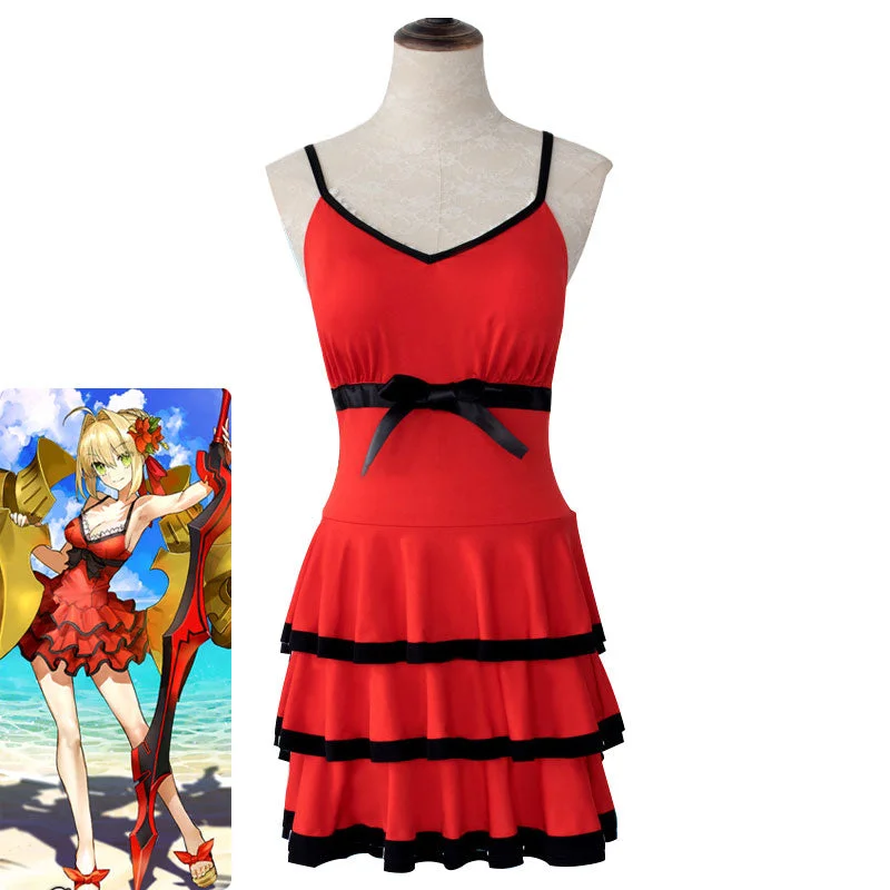 Anime FGO Fate Grand Order Nero Red Swimming Dress Cosplay Costumes Strappy Back Bikini