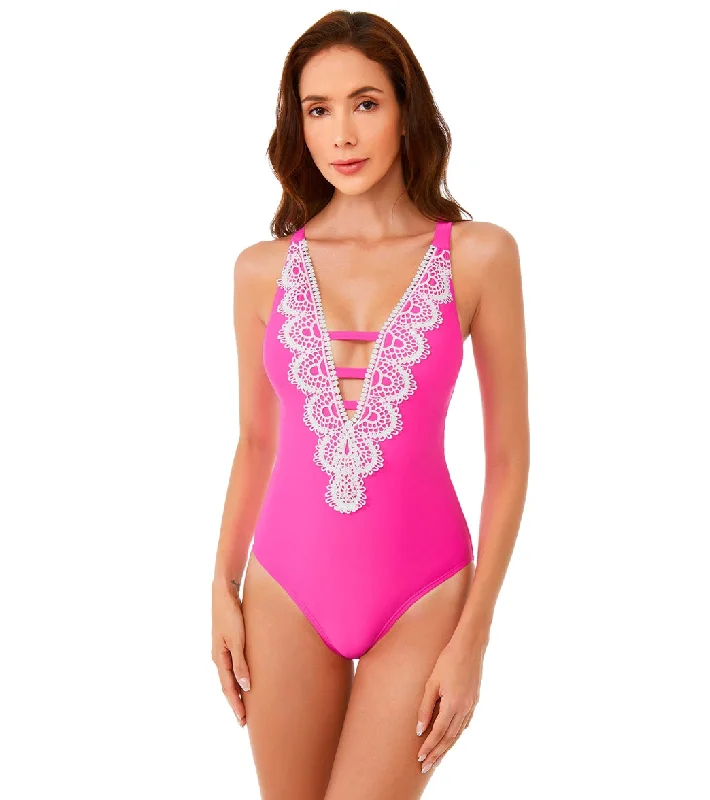 BCA by Rebecca Virtue Destination Crochet Plunge Neck One Piece Swimsuit Magenta Rose Summer Ready Swimsuit