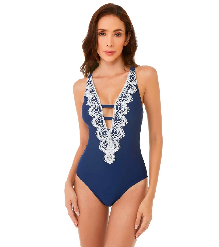 BCA by Rebecca Virtue Destination Crochet Plunge Neck One Piece Swimsuit Navy Sexy Cutout Swimsuit