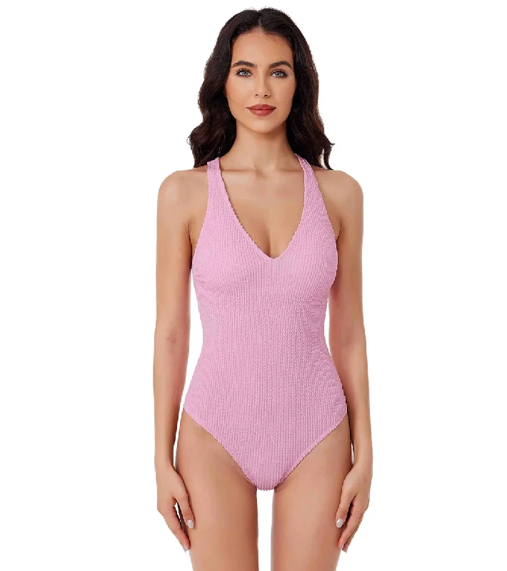 BCA by Rebecca Virtue Women's Textured Scoop Front One Piece Swimsuit Petal Classic Sporty Swimsuit