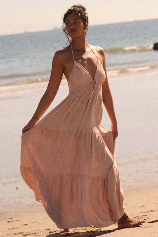 Beautiful You Tiered Crepe Halter Maxi Dress Trendy Ruffled Maxi Dress