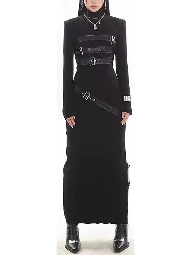 Belt-Embellished High-Neck Maxi Dress Comfortable T-Shirt Maxi Dress