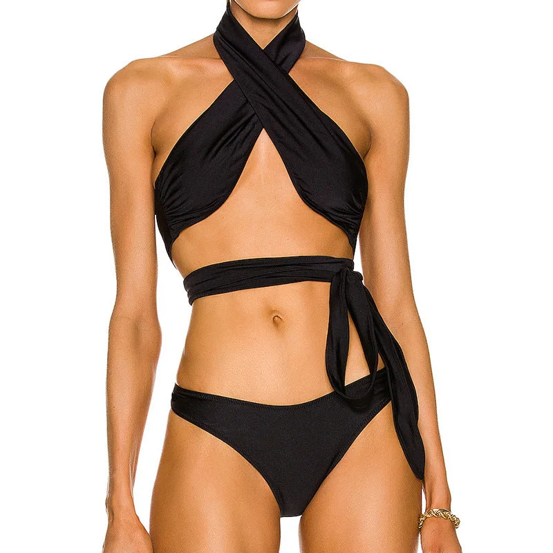 Black Crossed Bandage Women Bikini Swimsuits Classic Sporty Swimsuit