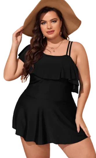 Black Plus Ruffle Trim Asymmetrical Swim Dress With Bikini Bottom Flirty Ruffle Swimsuit