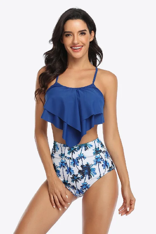 Botanical Print Ruffled Two-Piece Swimsuit Sexy Monokini Swimsuit