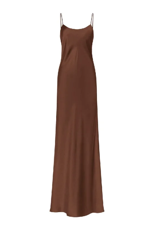 CAROLYN CHOCOLATE SCOOP-NECK SILK SATIN MAXI DRESS Stylish A-Line Maxi Dress