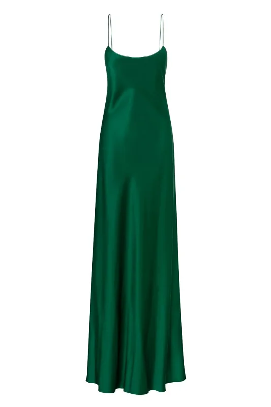 CAROLYN EMERALD SCOOP-NECK SILK SATIN MAXI DRESS Cozy Open-Back Maxi Dress