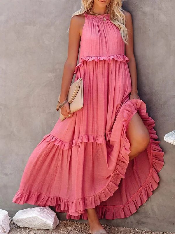 Casual Ruffled Summer Holiday Long Maxi Dresses Elegant Lace-Up Maxi Dress