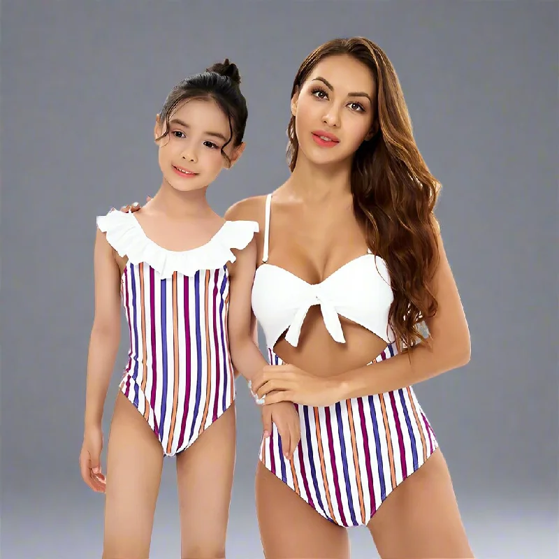 Chic Striped One-Piece Swimsuit with Playful Ruffle Detail - A Duo of Elegance for Mother & Daughter Button-Front Swimsuit