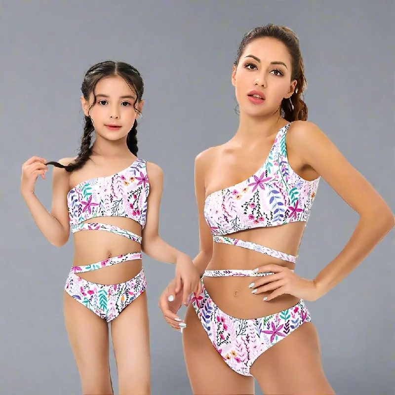 Chic Tropical One-Shoulder Ruffle Swimsuit Set for Mother and Daughter  Vibrant Floral Pattern with Comfort Stretch Bold Swimsuit Design