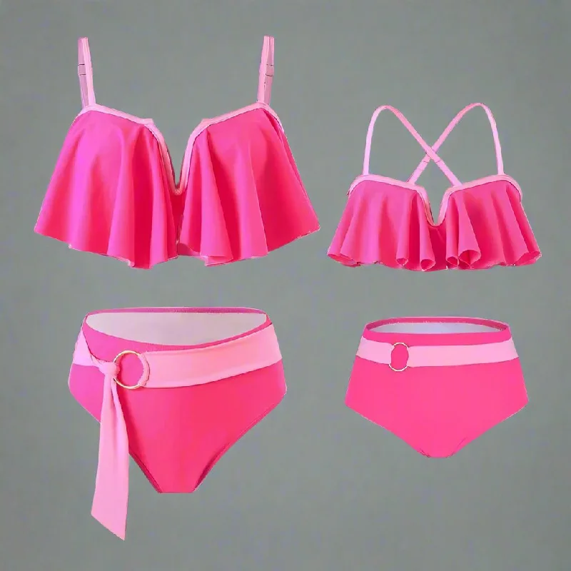 Chic Two-Piece Swimsuit Set  Ruffle Detail Top and High-Waisted Bottoms in Four Vibrant Colors Sleek Full Coverage