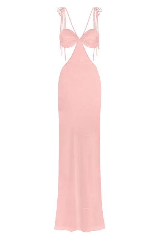 CLASSIC CUT-OUT SHEER MAXI DRESS IN SALMON PINK Stylish Boho Chic Maxi Dress