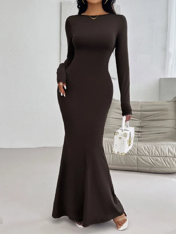 Devine Backless Round Neck Long Sleeve Maxi Dress Cozy Wrap Maxi Dress