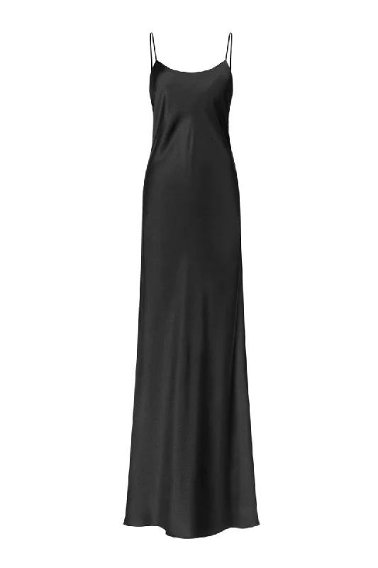 DEVON BLACK LOW BACK SILK SATIN MAXI DRESS IN BLACK Comfortable T-Shirt Maxi Dress