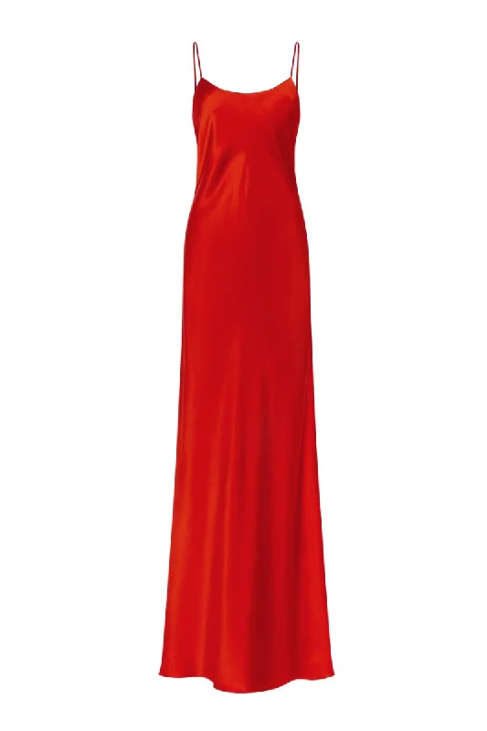 DEVON CHILI LOW BACK SILK SATIN MAXI DRESS IN RED Trendy Off-Shoulder Ruffle Maxi Dress