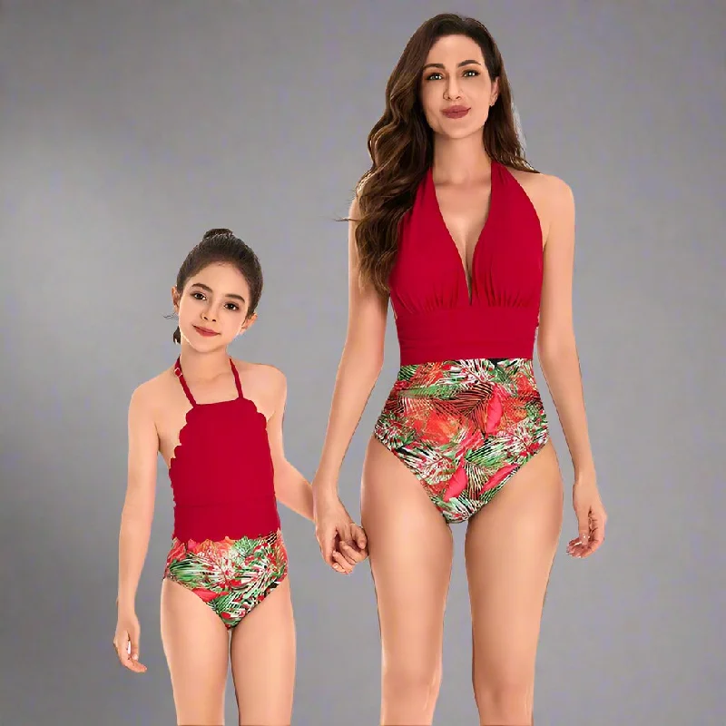 Elegant Tropical High-Waisted Swimsuit Set for Mother and Daughter  Radiant Red Halter Neck Design Soft Beachwear Set