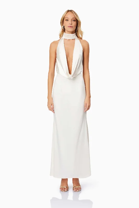 Faith Deep Neckline Maxi Dress In White Stylish Boho Maxi Dress