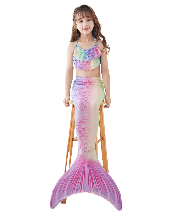 Fancydresswale Mermaid 3 pc swimsuit for Girls with large fin option- Colorful Vibrant Bikini Bottoms