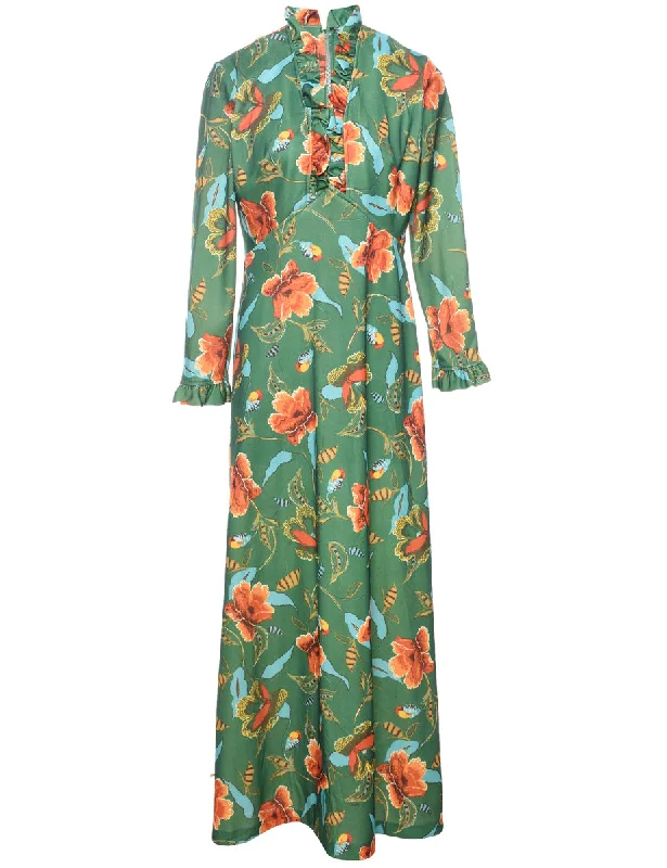 Floral Print High-Neck 1970s Ruched Detail Maxi Dress - L Comfortable Maxi Dress with Belt